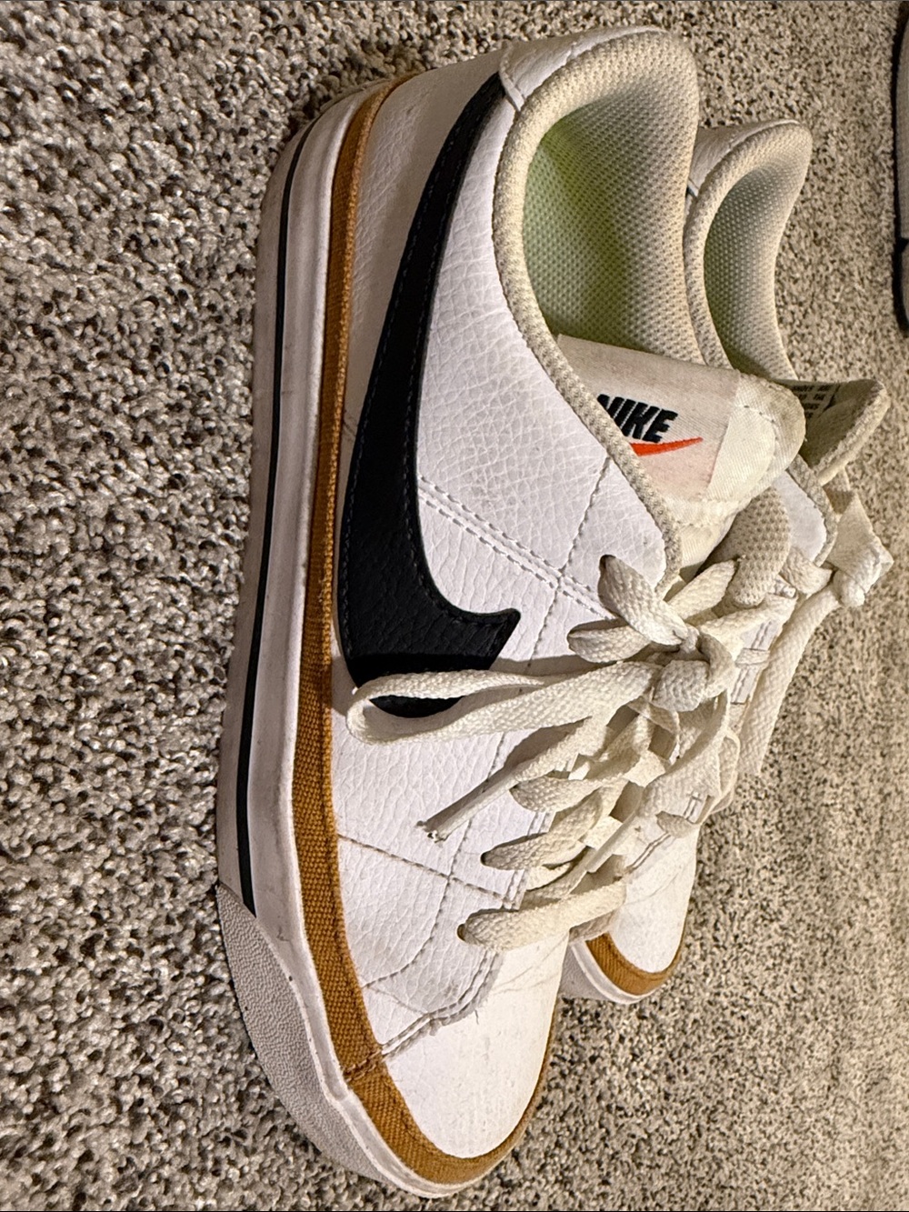 Nike White Sneakers with Black Swoosh and Brown Accent